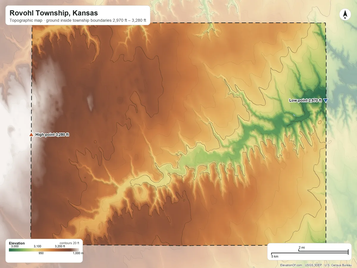 Topographic elevation map of Rovohl Township, Kansas, shaded from 2,970 ft on the east side to 3,280 ft on the west side