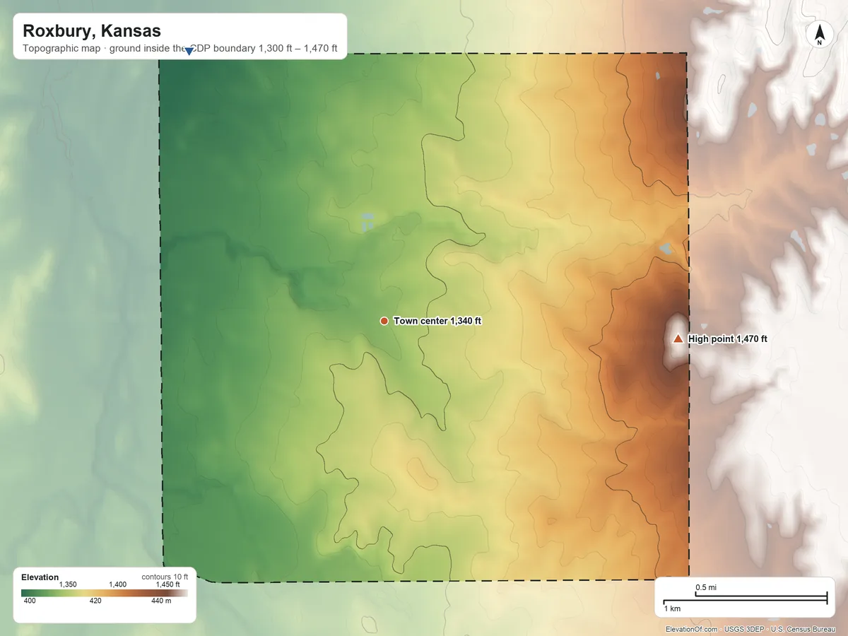 Topographic elevation map of Roxbury, Kansas, shaded from 1,300 ft on the northwest side to 1,470 ft on the east side