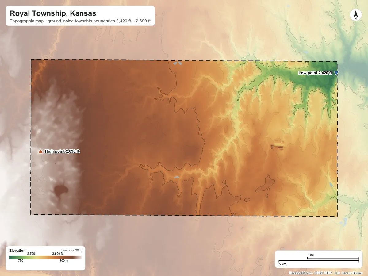 Topographic elevation map of Royal Township, Kansas, shaded from 2,420 ft on the northeast side to 2,690 ft on the west side