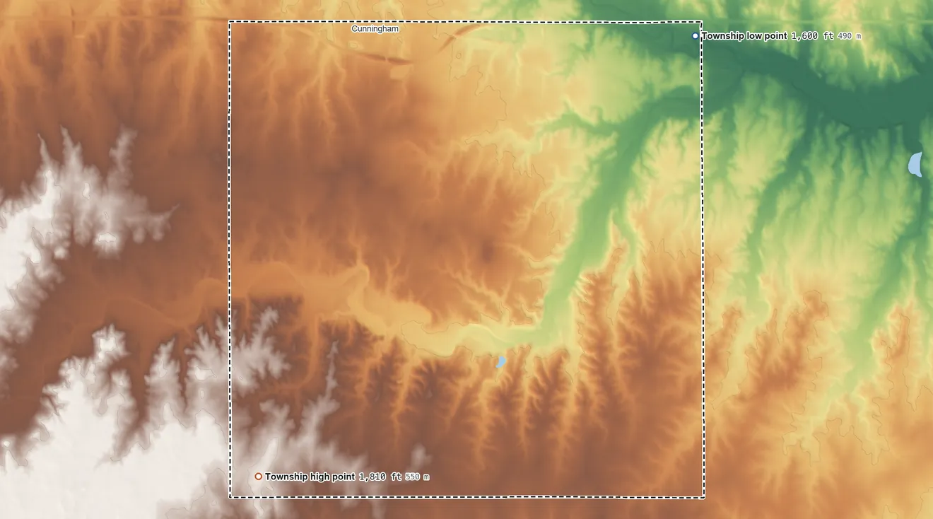 Topographic elevation map of Rural Township, Kingman County, Kansas, shaded from 1,600 ft on the east side to 1,810 ft on the south side