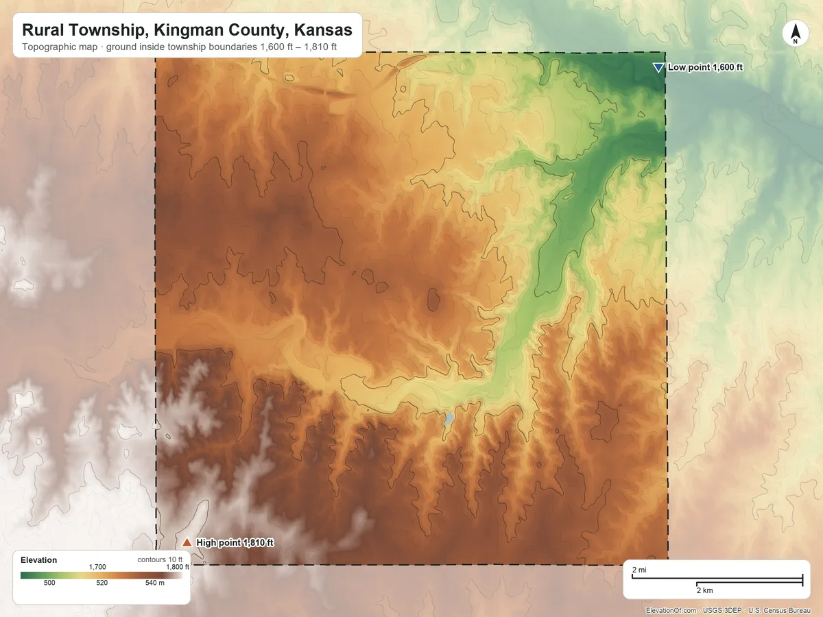 Topographic elevation map of Rural Township, Kingman County, Kansas, shaded from 1,600 ft on the east side to 1,810 ft on the south side
