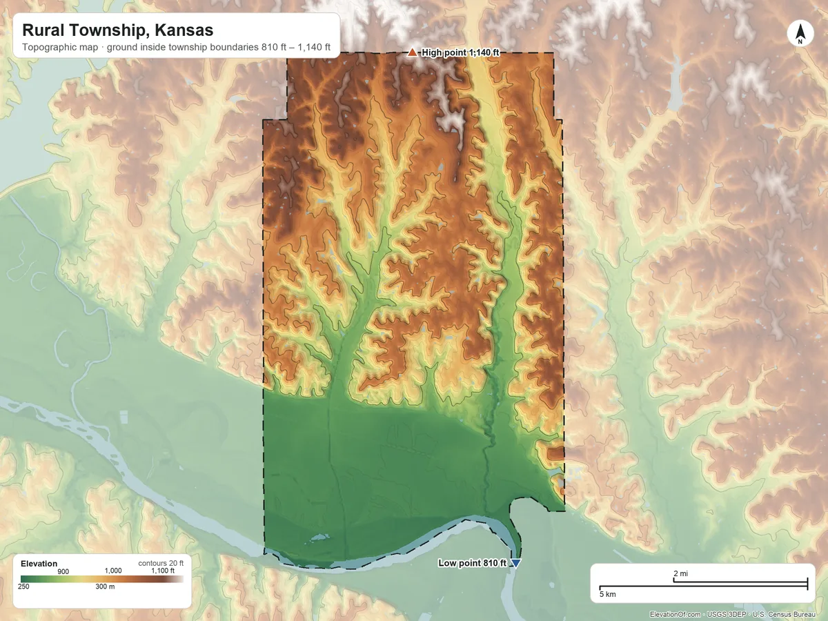 Topographic elevation map of Rural Township, Kansas, shaded from 810 ft on the southeast side to 1,140 ft on the north side
