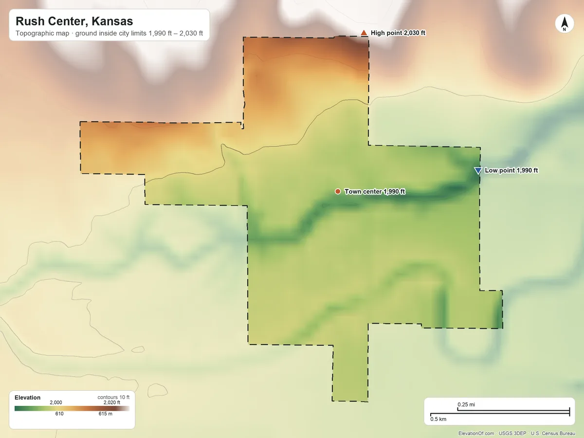 Topographic elevation map of Rush Center, Kansas, shaded from 1,990 ft on the east side to 2,030 ft on the north side