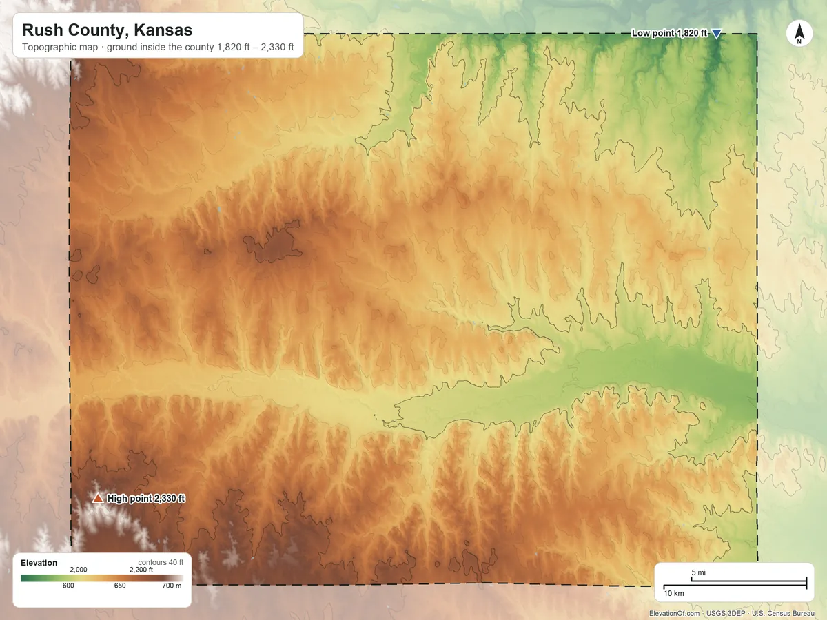 Topographic elevation map of Rush County, Kansas, shaded from 1,820 ft on the northeast side to 2,330 ft on the southwest side