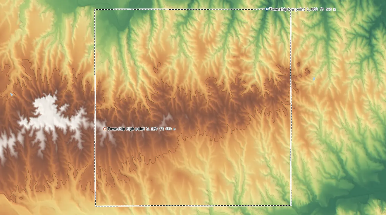 Topographic elevation map of Rushville Township, Kansas, shaded from 1,800 ft on the north side to 2,120 ft on the west side