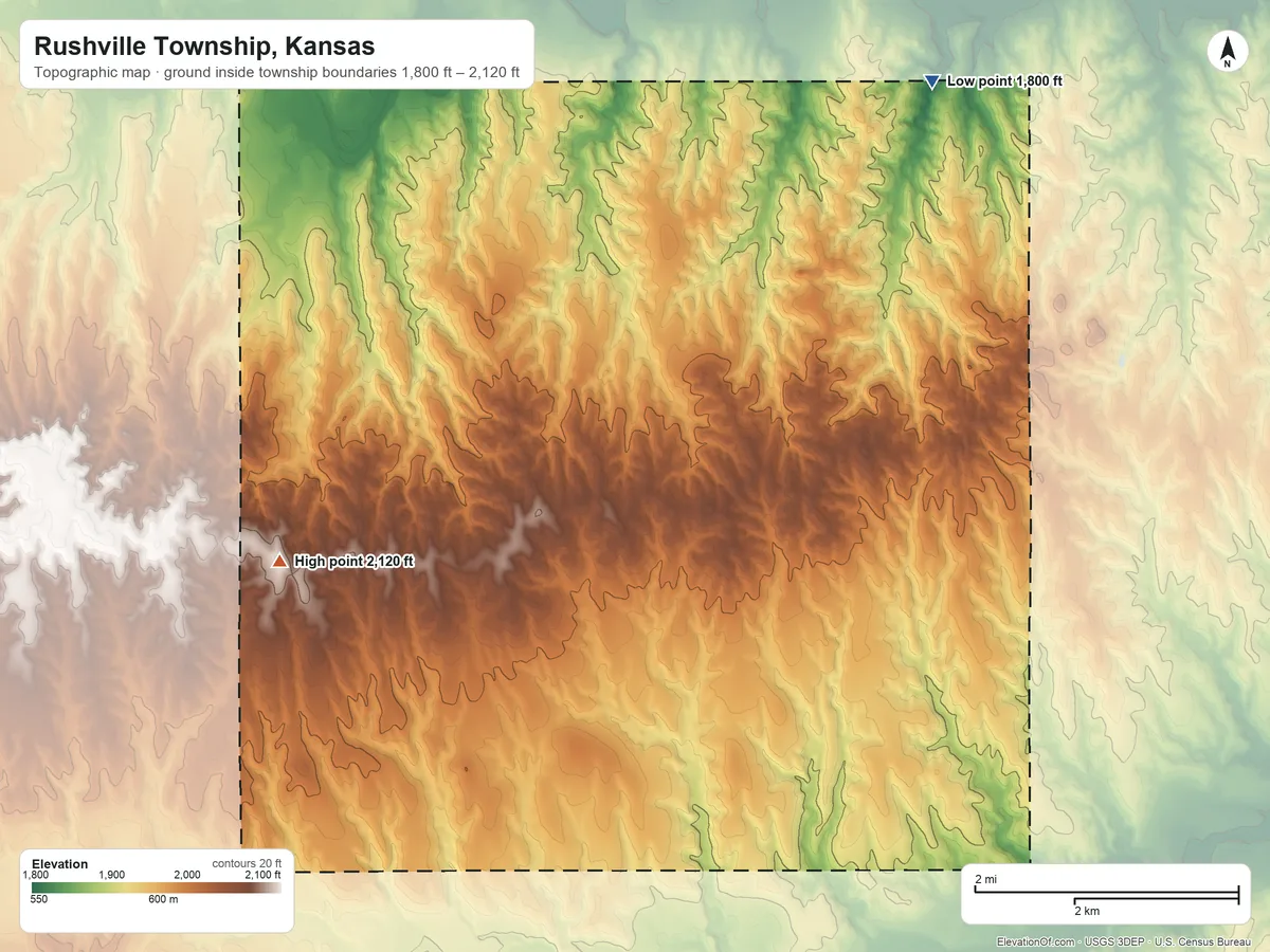 Topographic elevation map of Rushville Township, Kansas, shaded from 1,800 ft on the north side to 2,120 ft on the west side