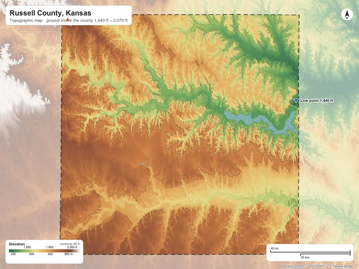 Topographic elevation map of Russell County, Kansas, shaded from 1,440 ft on the east side to 2,070 ft on the northwest side
