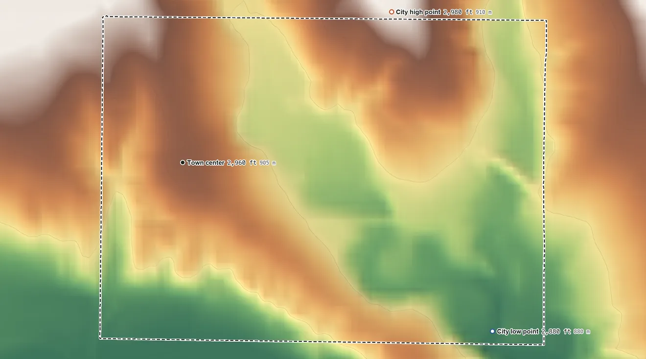 Topographic elevation map of Russell Springs, Kansas, shaded from 2,880 ft on the southeast side to 2,980 ft on the northeast side