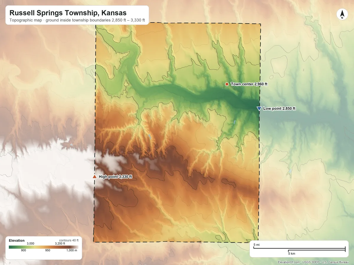 Topographic elevation map of Russell Springs Township, Kansas, shaded from 2,850 ft on the southeast side to 3,330 ft on the southwest side