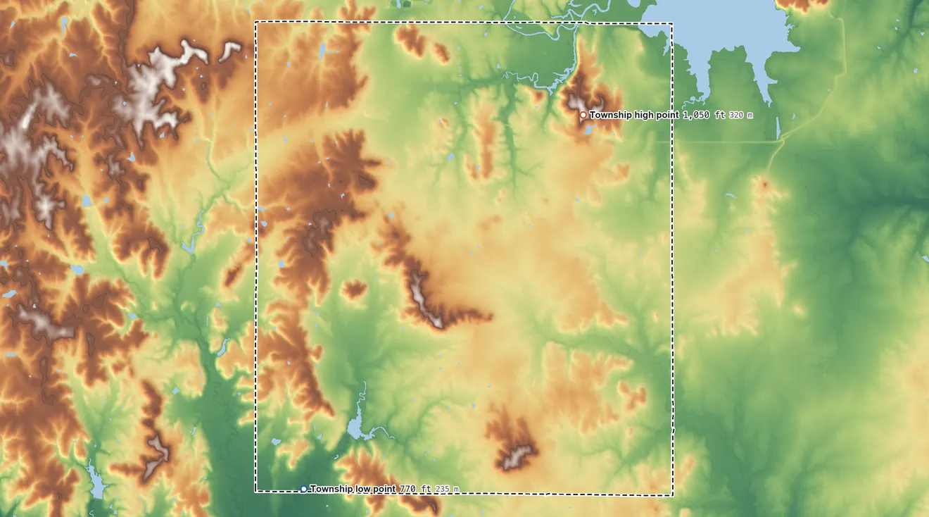 Topographic elevation map of Rutland Township, Kansas, shaded from 770 ft on the southwest side to 1,050 ft on the northeast side