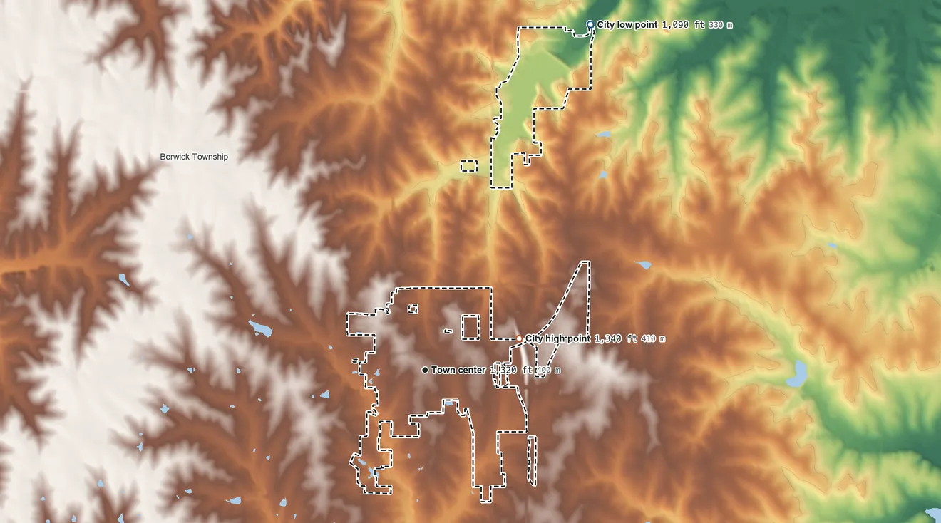 Topographic elevation map of Sabetha, Kansas, shaded from 1,090 ft on the northeast side to 1,340 ft on the east side