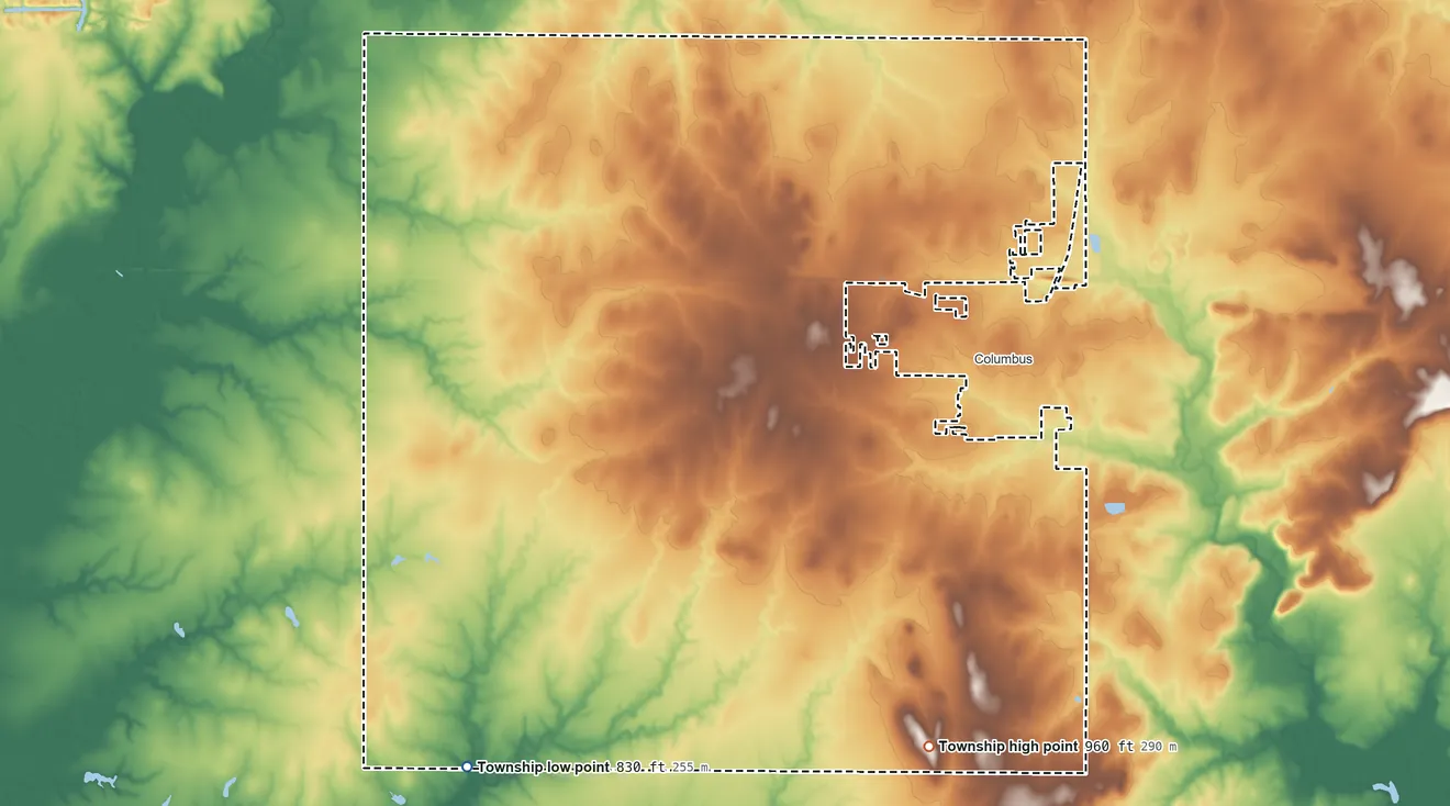 Topographic elevation map of Salamanca Township, Kansas, shaded from 830 ft on the southwest side to 960 ft on the south side