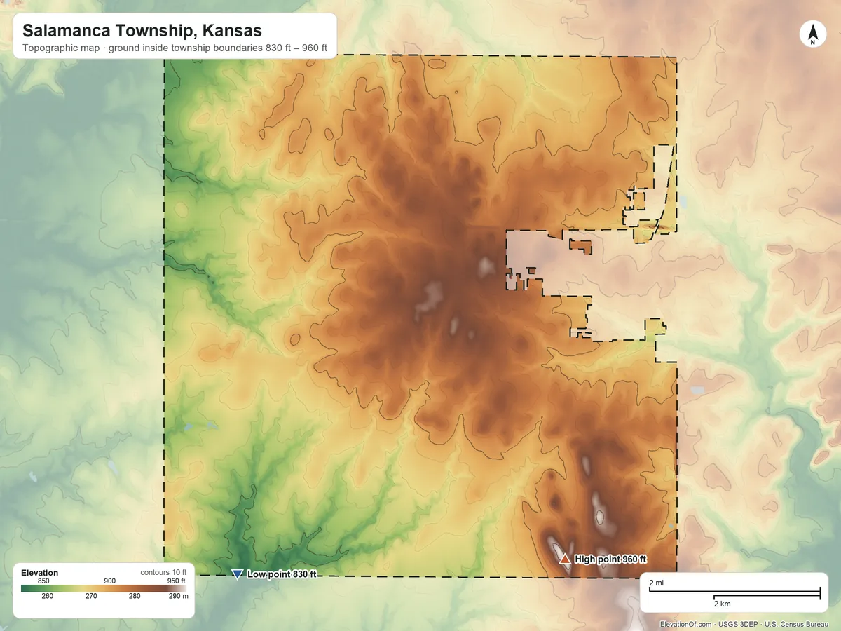 Topographic elevation map of Salamanca Township, Kansas, shaded from 830 ft on the southwest side to 960 ft on the south side