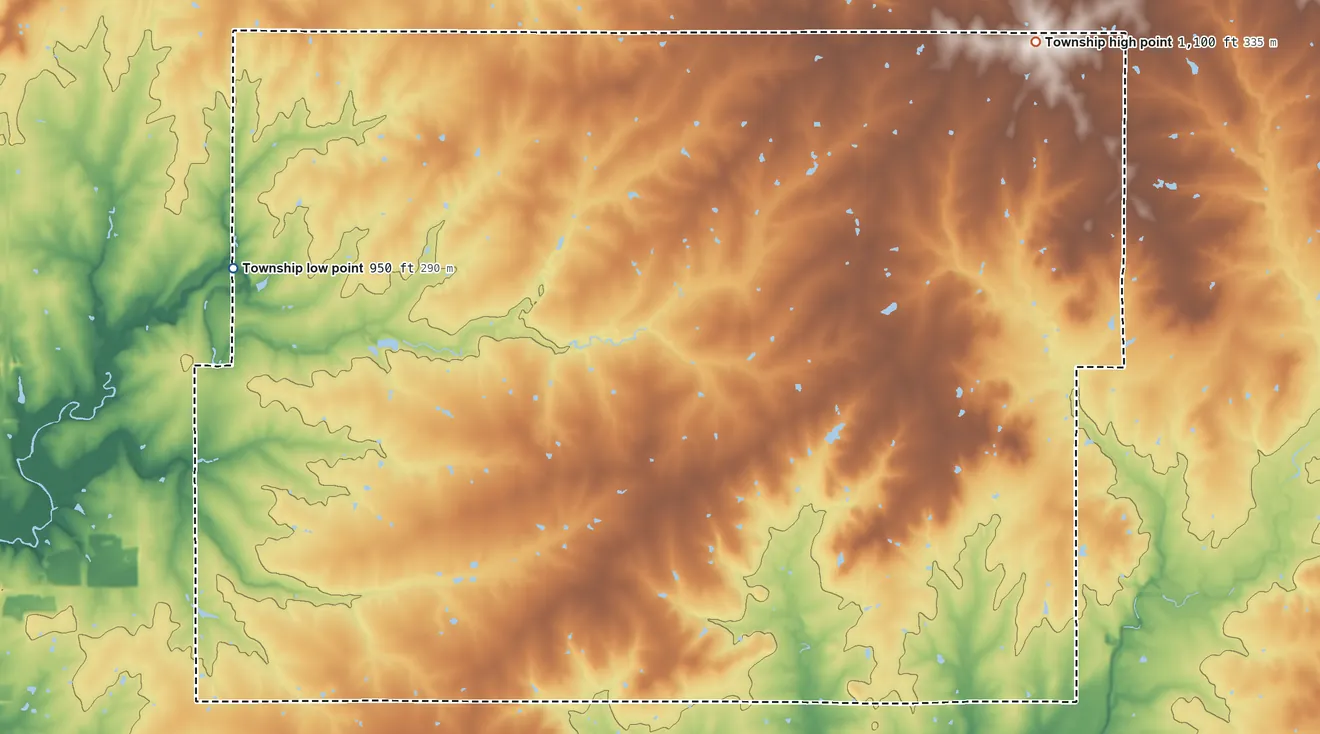 Topographic elevation map of Salem Township, Allen County, Kansas, shaded from 950 ft on the northwest side to 1,100 ft on the northeast side