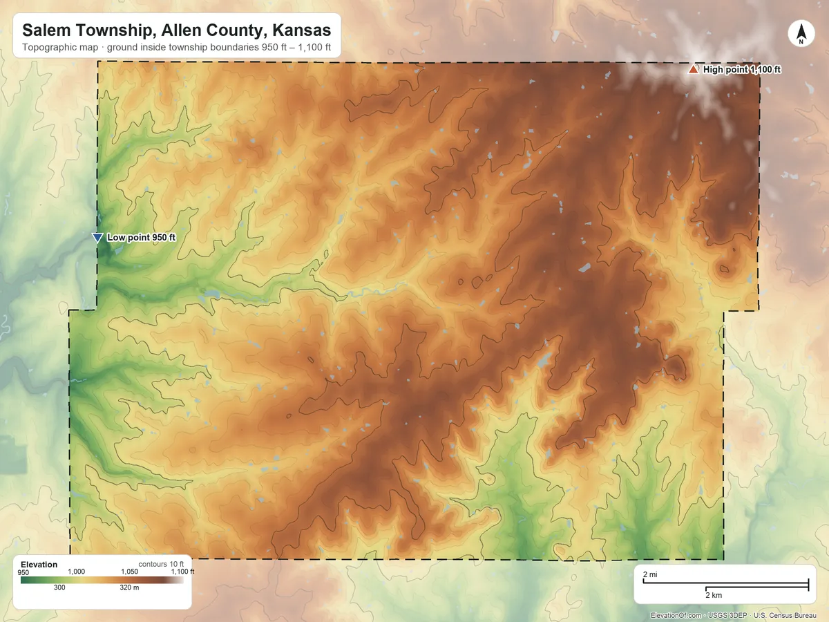 Topographic elevation map of Salem Township, Allen County, Kansas, shaded from 950 ft on the northwest side to 1,100 ft on the northeast side