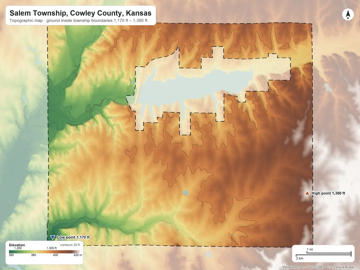 Topographic elevation map of Salem Township, Cowley County, Kansas, shaded from 1,170 ft on the southwest side to 1,380 ft on the east side