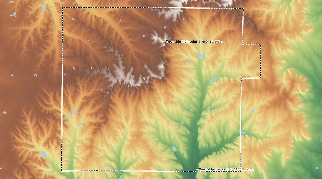 Topographic elevation map of Salem Township, Greenwood County, Kansas, shaded from 1,170 ft on the southeast side to 1,650 ft on the north side