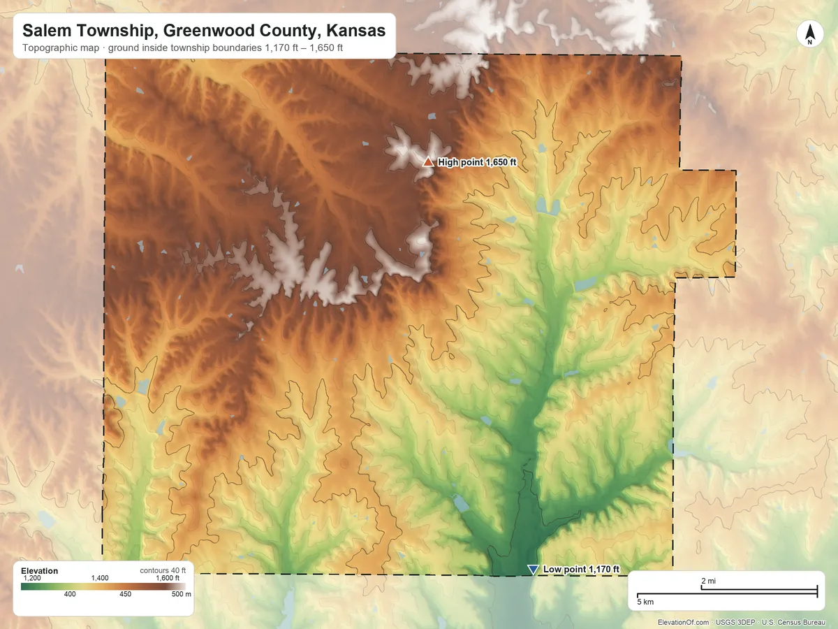Topographic elevation map of Salem Township, Greenwood County, Kansas, shaded from 1,170 ft on the southeast side to 1,650 ft on the north side