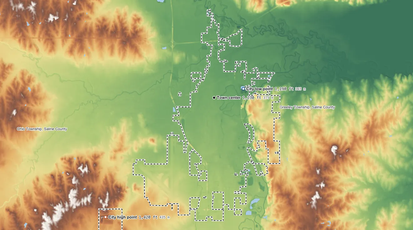 Topographic elevation map of Salina, Kansas, shaded from 1,190 ft on the east side to 1,420 ft on the southwest side