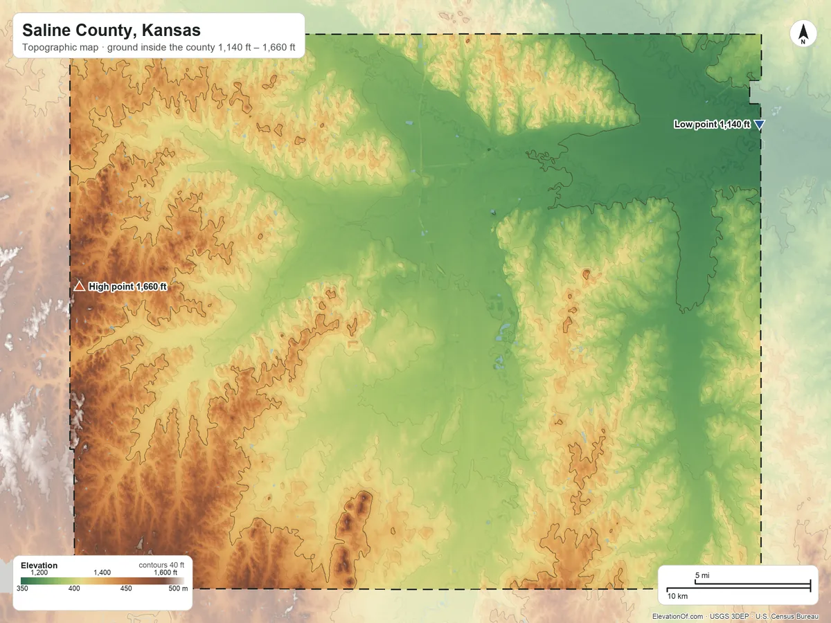 Topographic elevation map of Saline County, Kansas, shaded from 1,140 ft on the northeast side to 1,660 ft on the west side