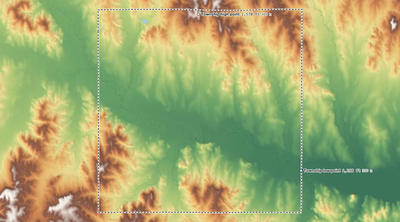Topographic elevation map of Salt Creek Township, Lincoln County, Kansas, shaded from 1,280 ft on the southeast side to 1,570 ft on the north side