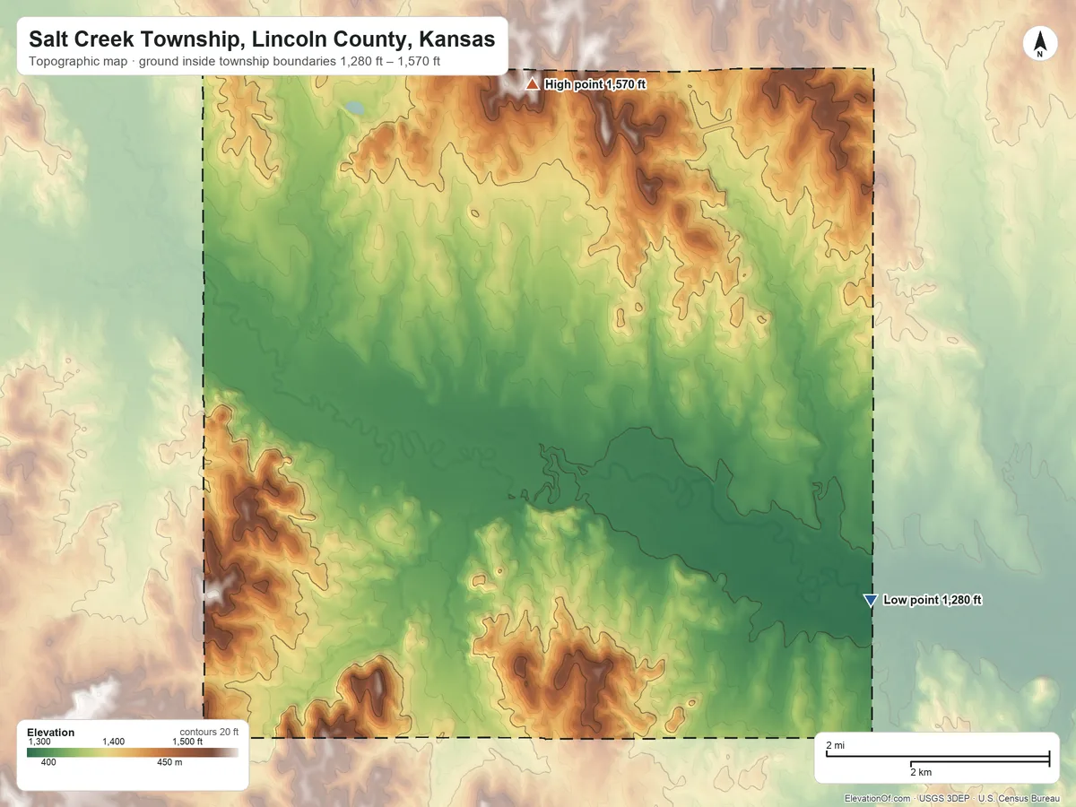Topographic elevation map of Salt Creek Township, Lincoln County, Kansas, shaded from 1,280 ft on the southeast side to 1,570 ft on the north side