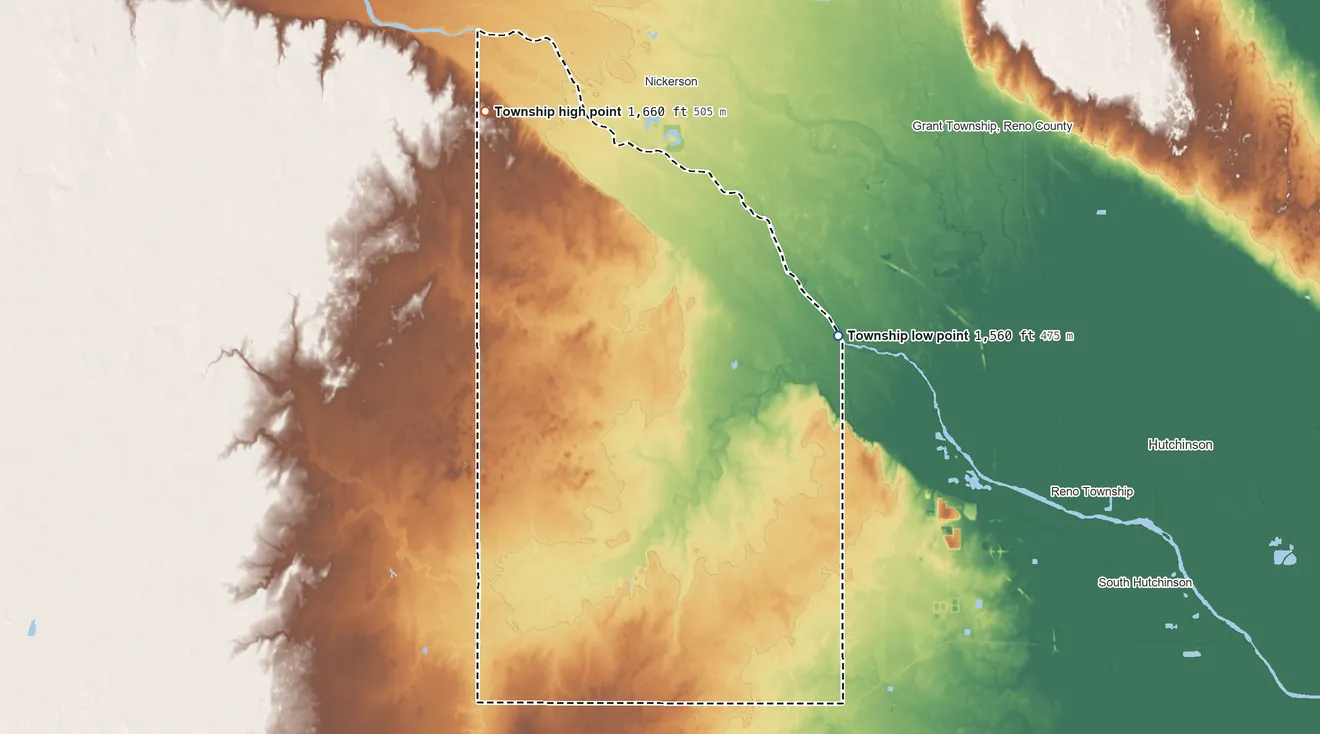 Topographic elevation map of Salt Creek Township, Kansas, shaded from 1,560 ft on the northeast side to 1,660 ft on the northwest side