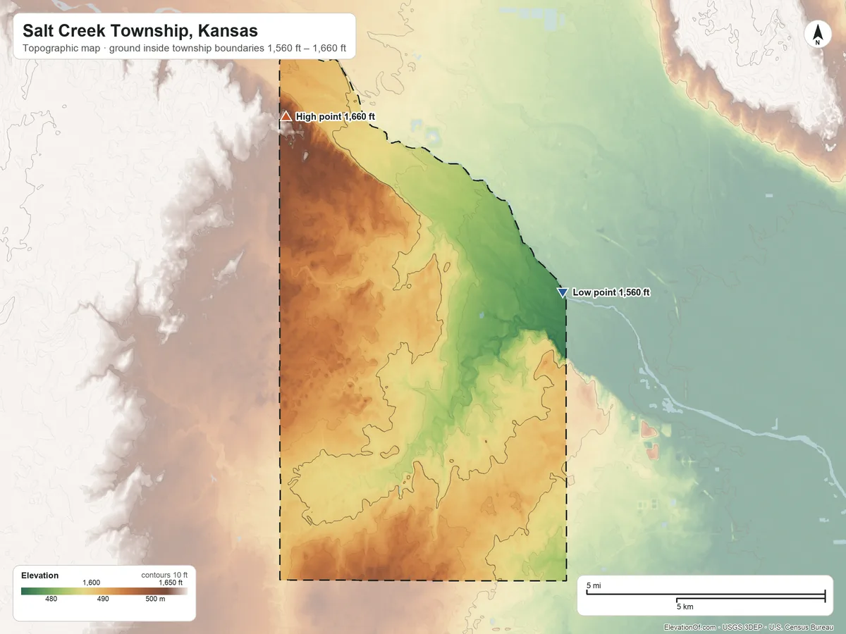 Topographic elevation map of Salt Creek Township, Kansas, shaded from 1,560 ft on the northeast side to 1,660 ft on the northwest side