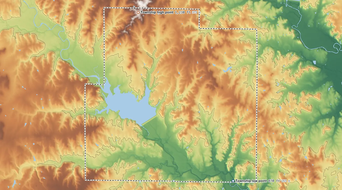 Topographic elevation map of Salt Springs Township, Kansas, shaded from 870 ft on the southeast side to 1,230 ft on the north side
