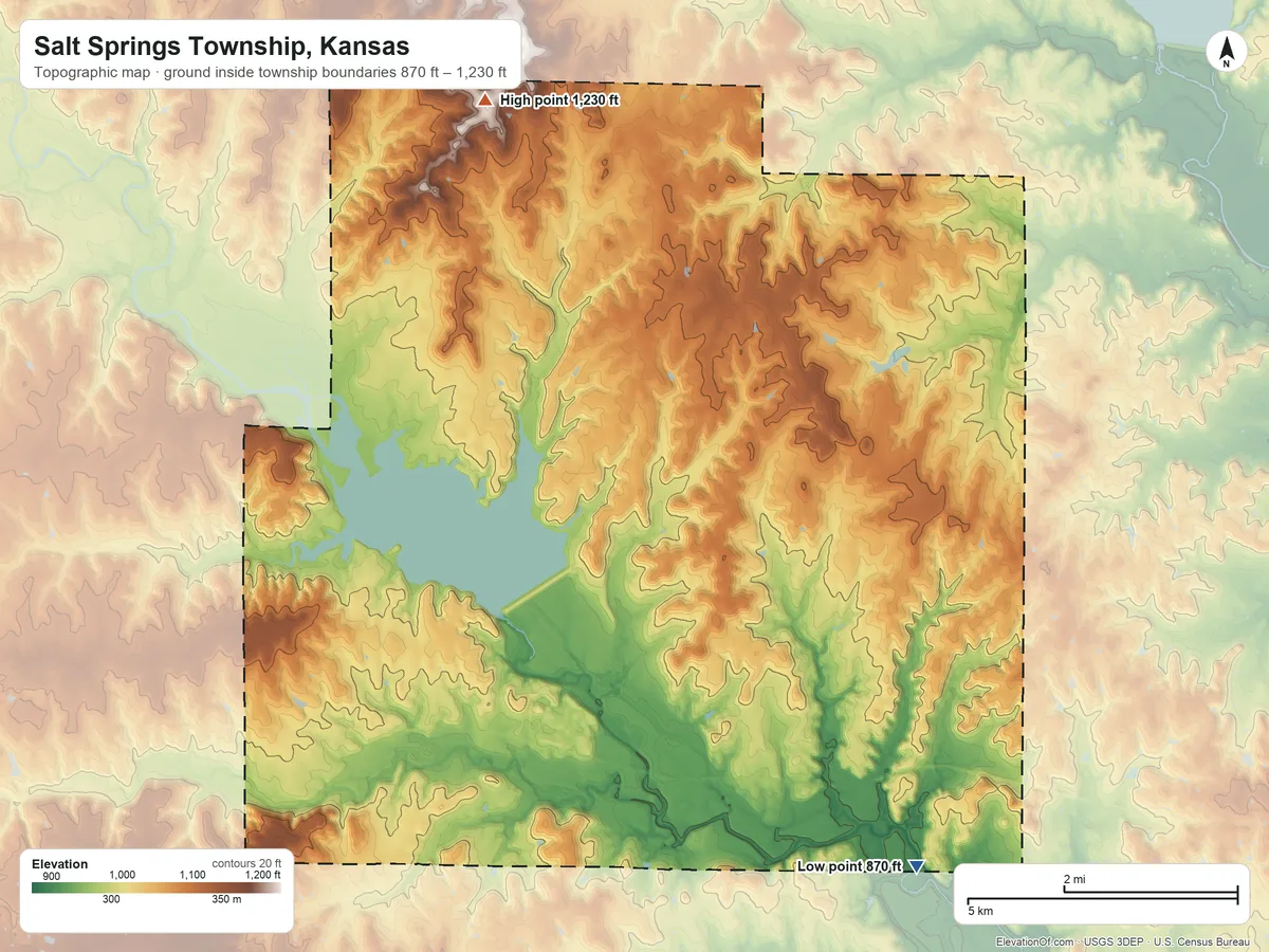 Topographic elevation map of Salt Springs Township, Kansas, shaded from 870 ft on the southeast side to 1,230 ft on the north side