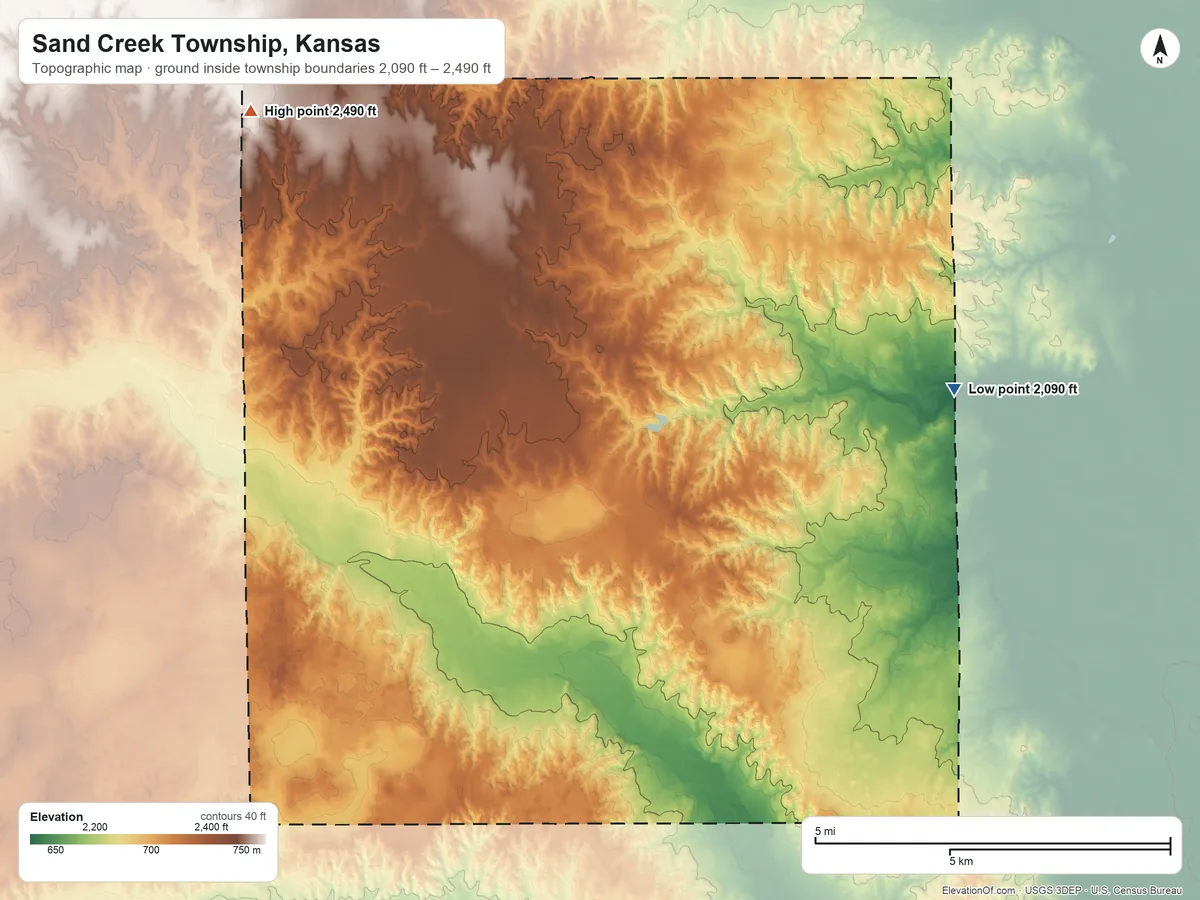 Topographic elevation map of Sand Creek Township, Kansas, shaded from 2,090 ft on the east side to 2,490 ft on the northwest side