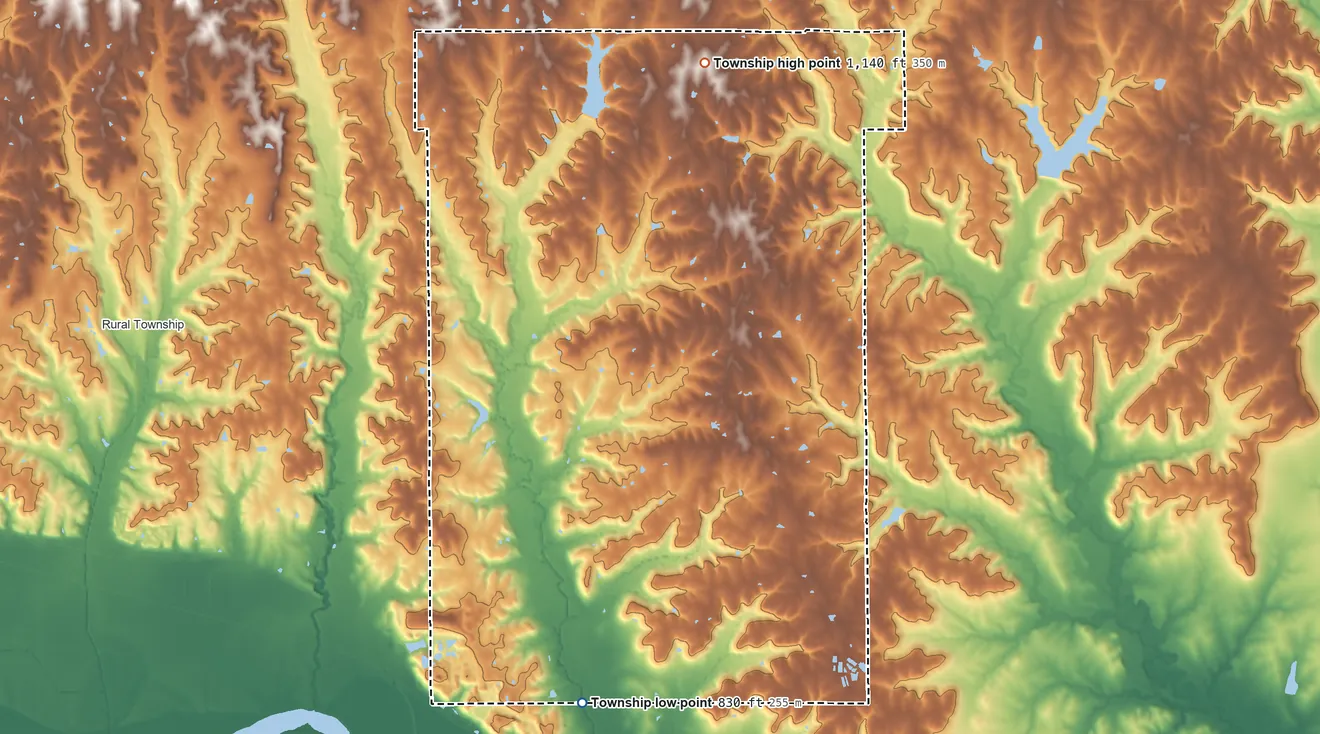 Topographic elevation map of Sarcoxie Township, Kansas, shaded from 830 ft on the south side to 1,140 ft on the north side