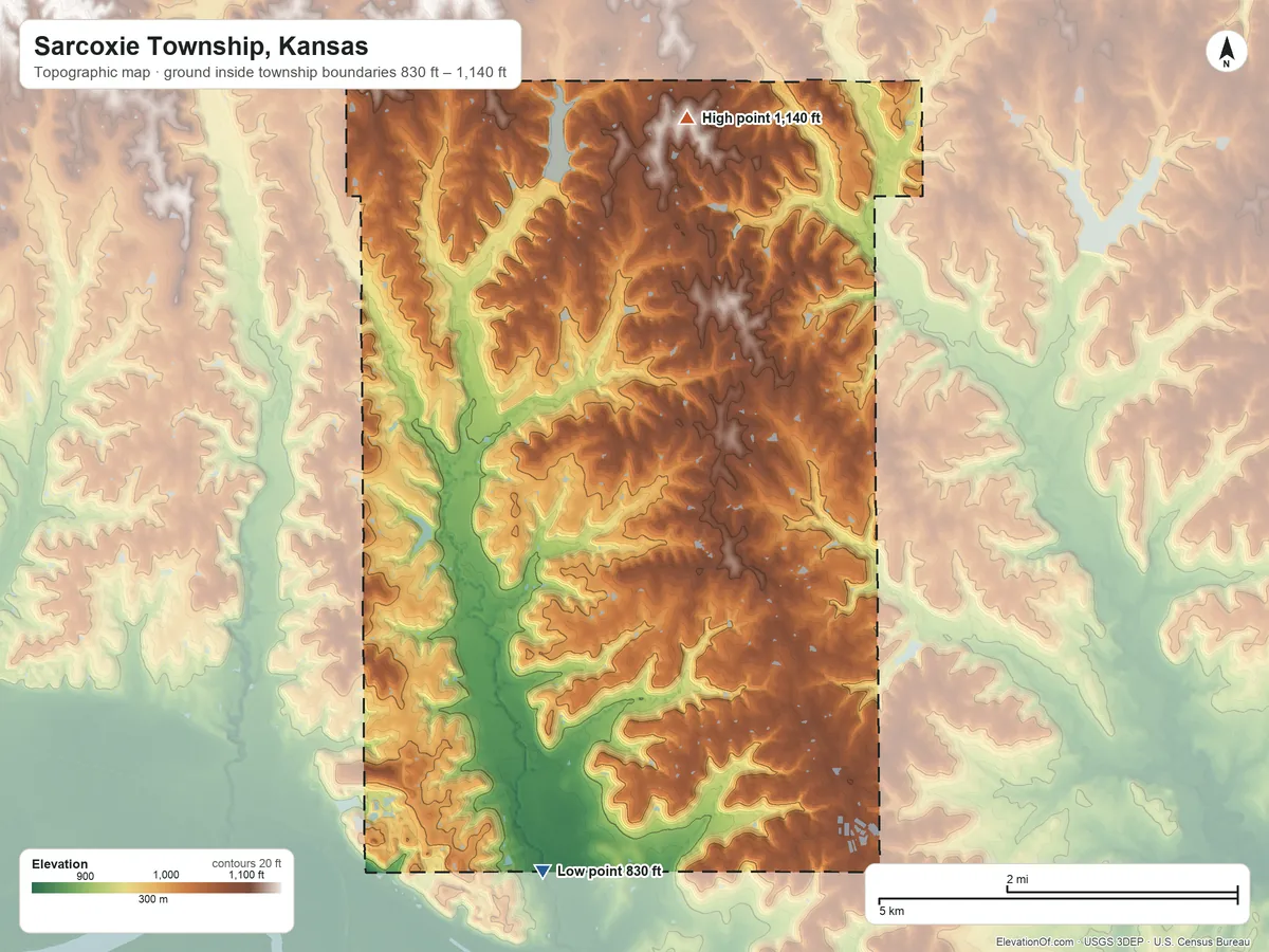 Topographic elevation map of Sarcoxie Township, Kansas, shaded from 830 ft on the south side to 1,140 ft on the north side