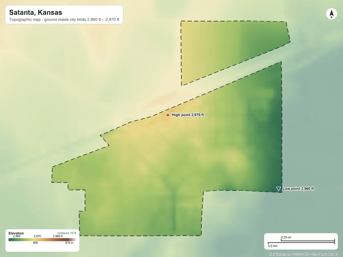 Topographic elevation map of Satanta, Kansas, shaded from 2,960 ft on the east side to 2,970 ft on the north side