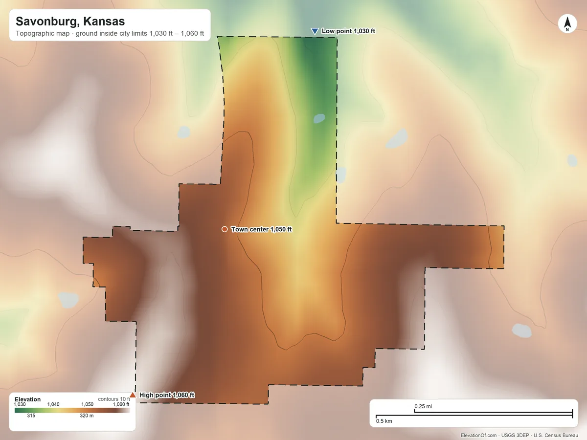 Topographic elevation map of Savonburg, Kansas, shaded from 1,030 ft on the northeast side to 1,060 ft on the southwest side