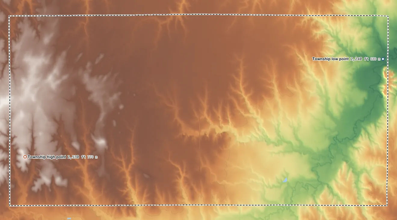 Topographic elevation map of Sawlog Township, Kansas, shaded from 2,240 ft on the east side to 2,530 ft on the west side