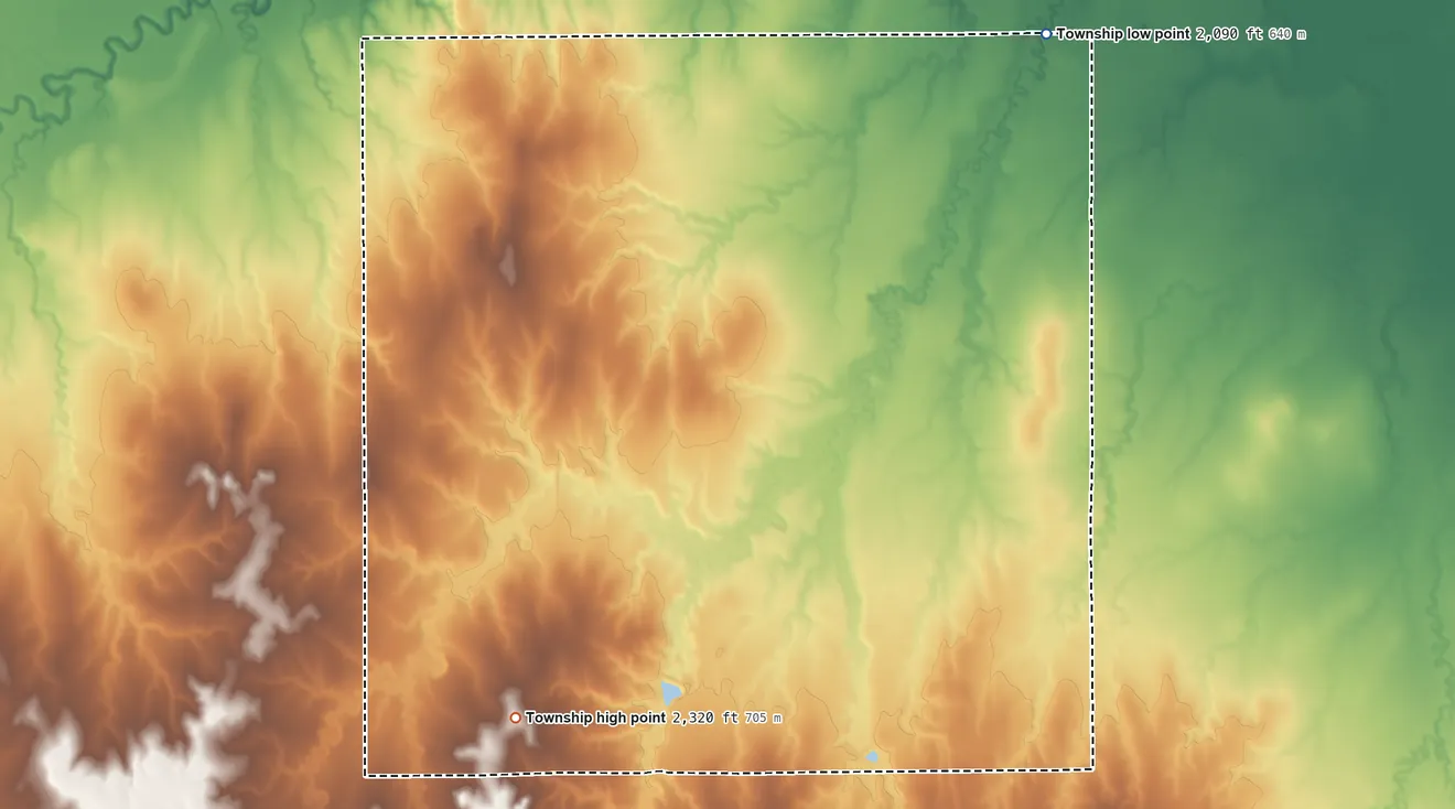 Topographic elevation map of Sawmill Township, Kansas, shaded from 2,090 ft on the northeast side to 2,320 ft on the south side