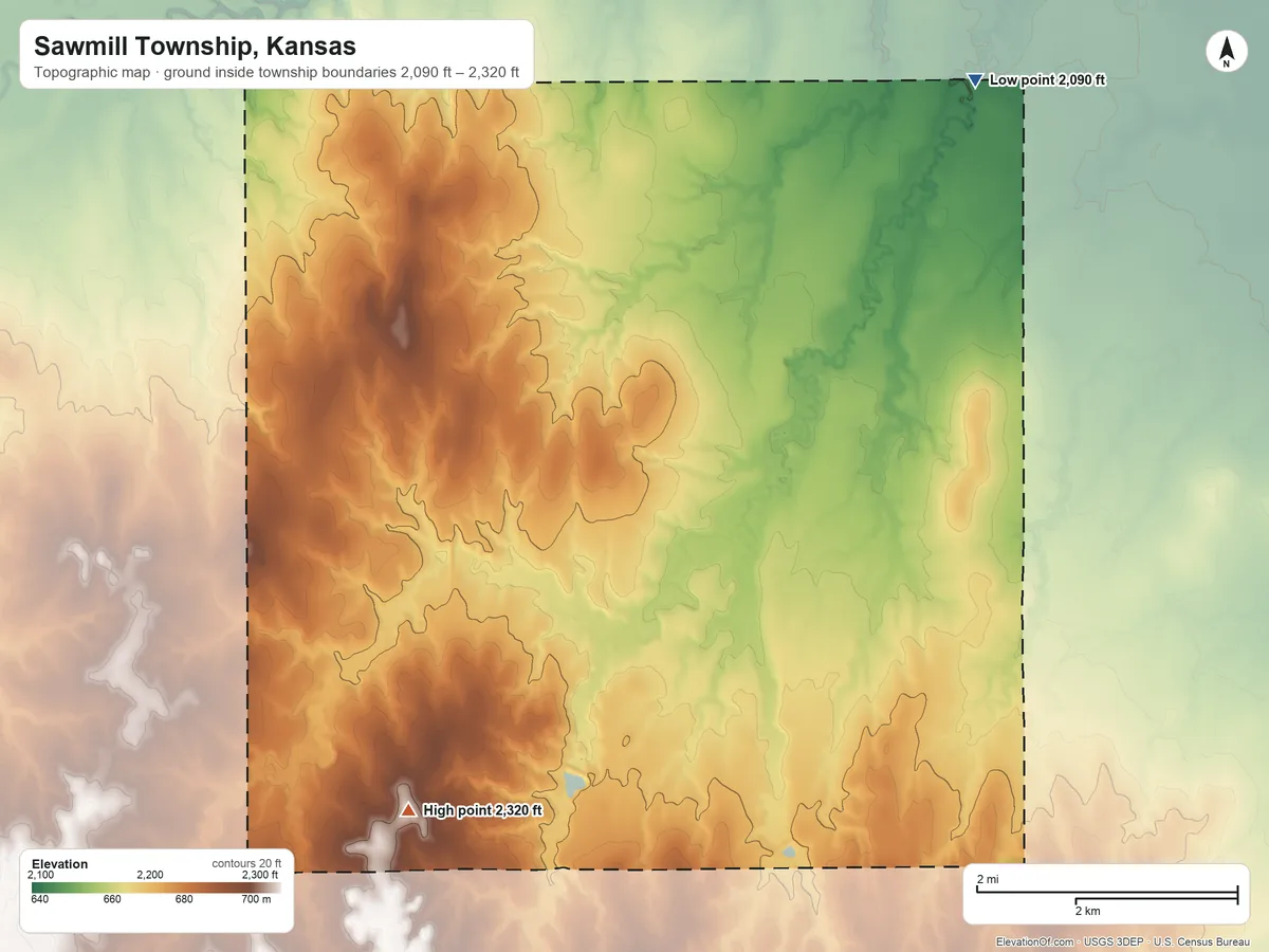 Topographic elevation map of Sawmill Township, Kansas, shaded from 2,090 ft on the northeast side to 2,320 ft on the south side
