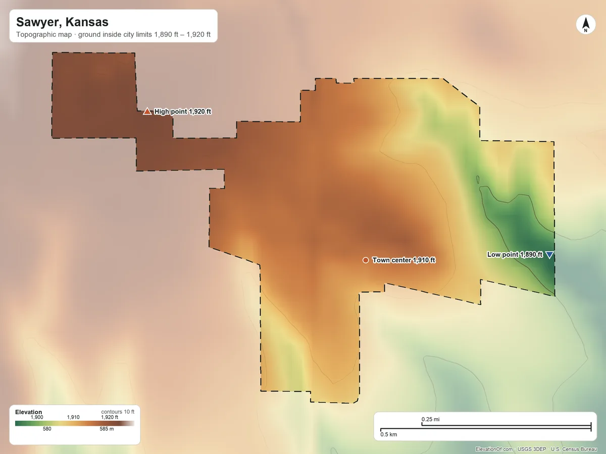 Topographic elevation map of Sawyer, Kansas, shaded from 1,890 ft on the east side to 1,920 ft on the northwest side