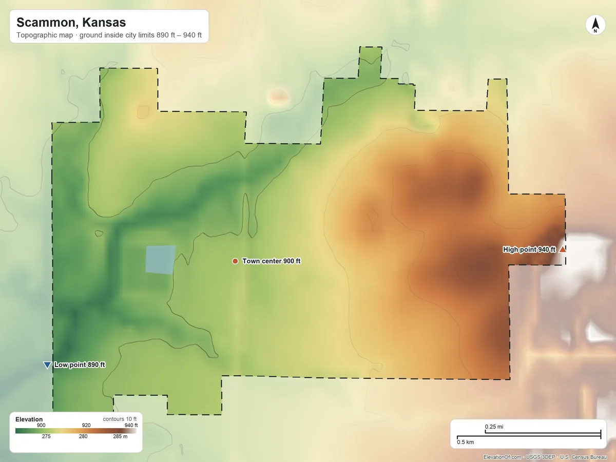 Topographic elevation map of Scammon, Kansas, shaded from 890 ft on the southwest side to 940 ft on the east side