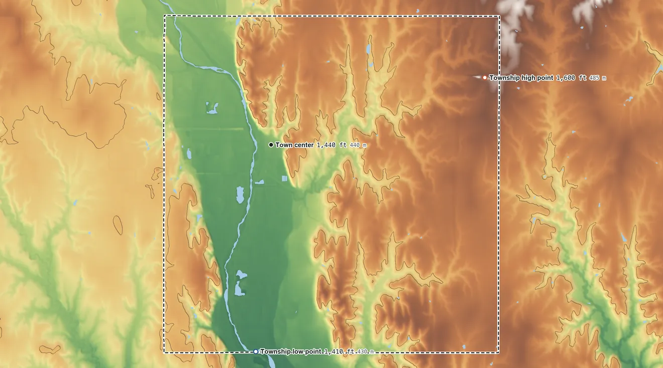 Topographic elevation map of Scandia Township, Kansas, shaded from 1,410 ft on the south side to 1,600 ft on the east side