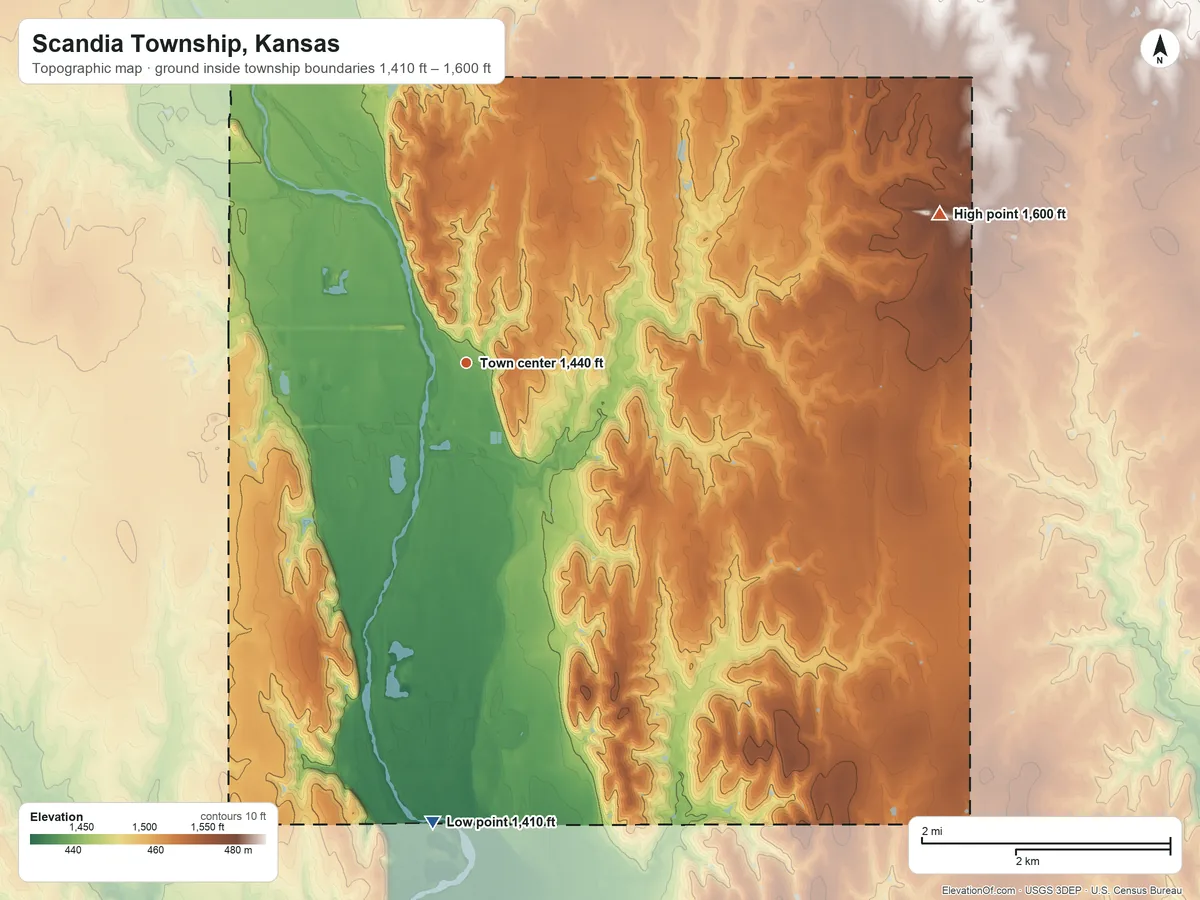 Topographic elevation map of Scandia Township, Kansas, shaded from 1,410 ft on the south side to 1,600 ft on the east side
