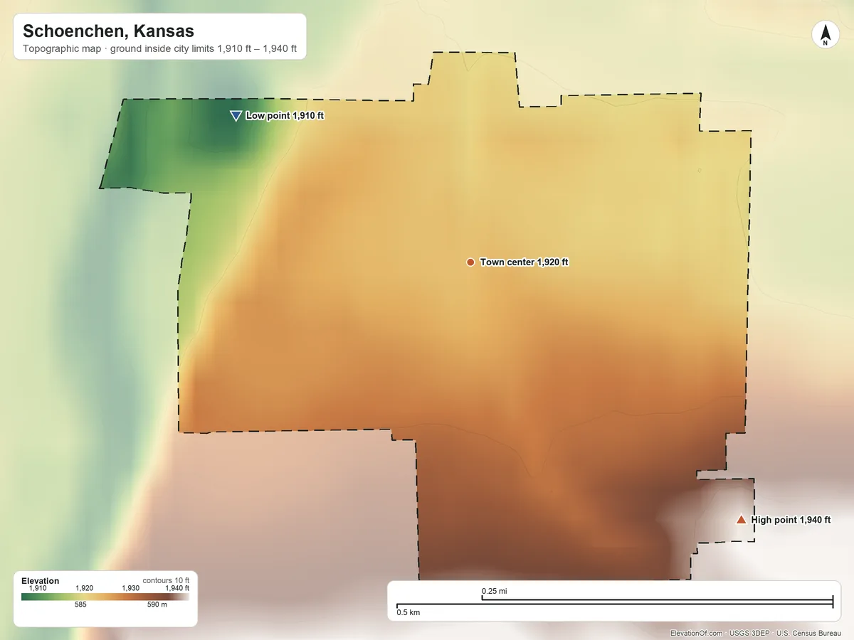 Topographic elevation map of Schoenchen, Kansas, shaded from 1,910 ft on the northwest side to 1,940 ft on the southeast side