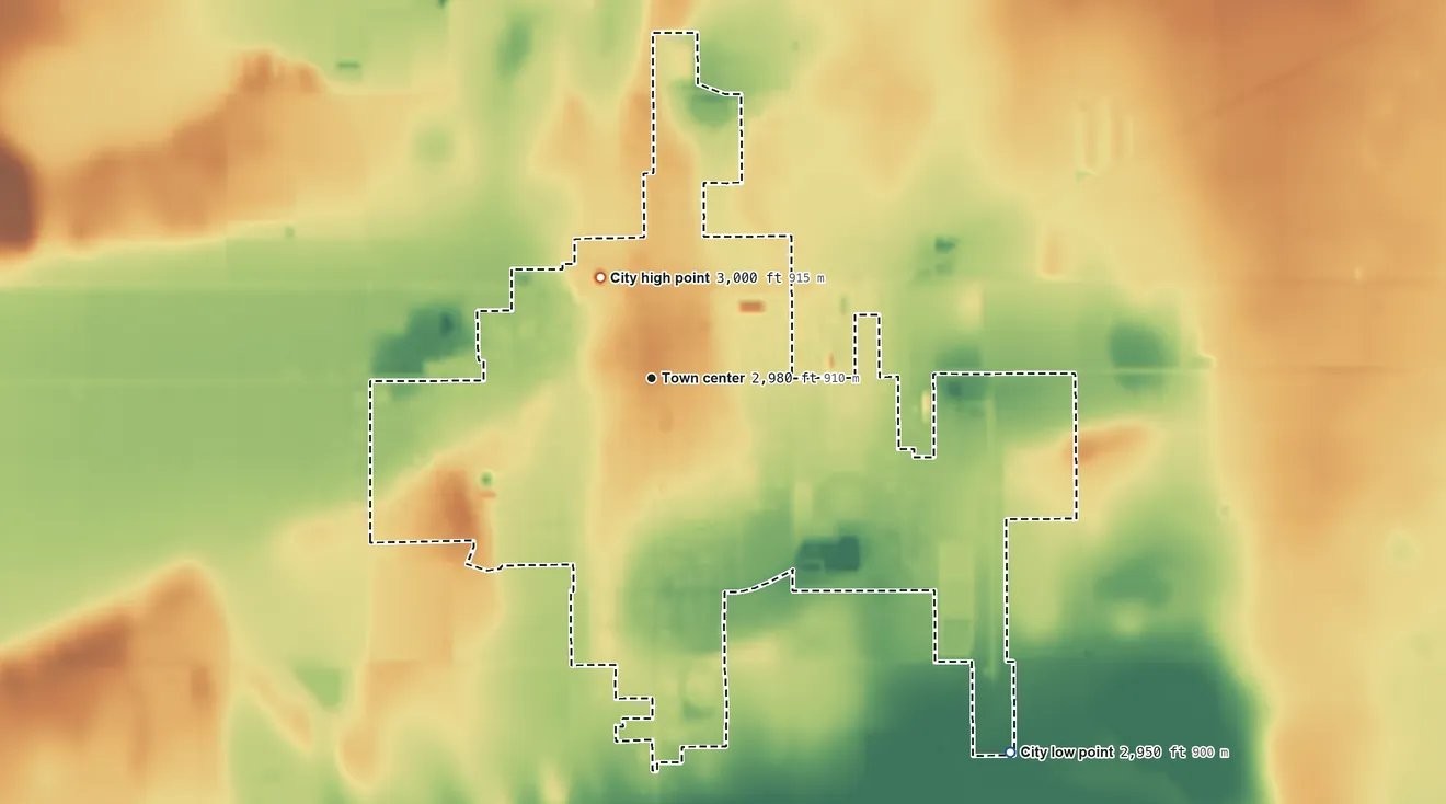 Topographic elevation map of Scott City, Kansas, shaded from 2,950 ft on the southeast side to 3,000 ft on the northwest side