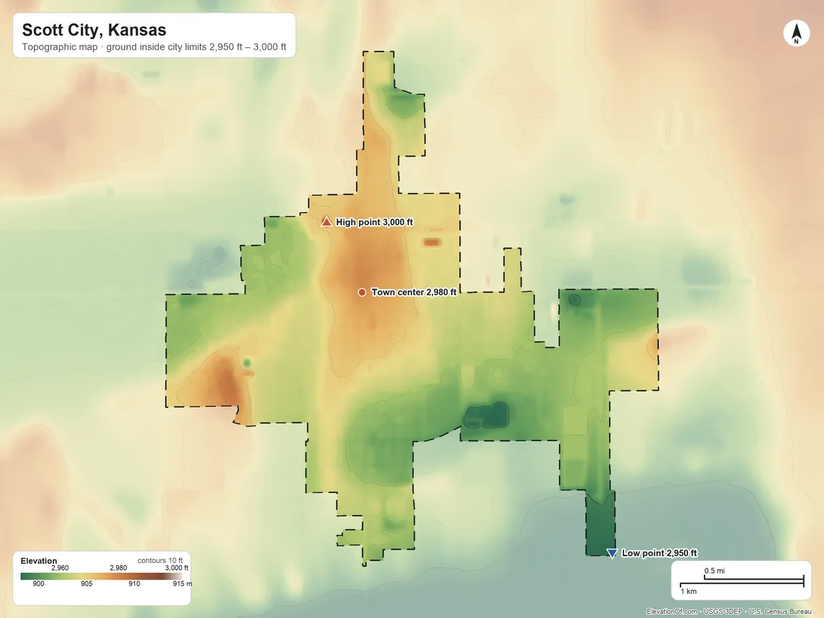 Topographic elevation map of Scott City, Kansas, shaded from 2,950 ft on the southeast side to 3,000 ft on the northwest side