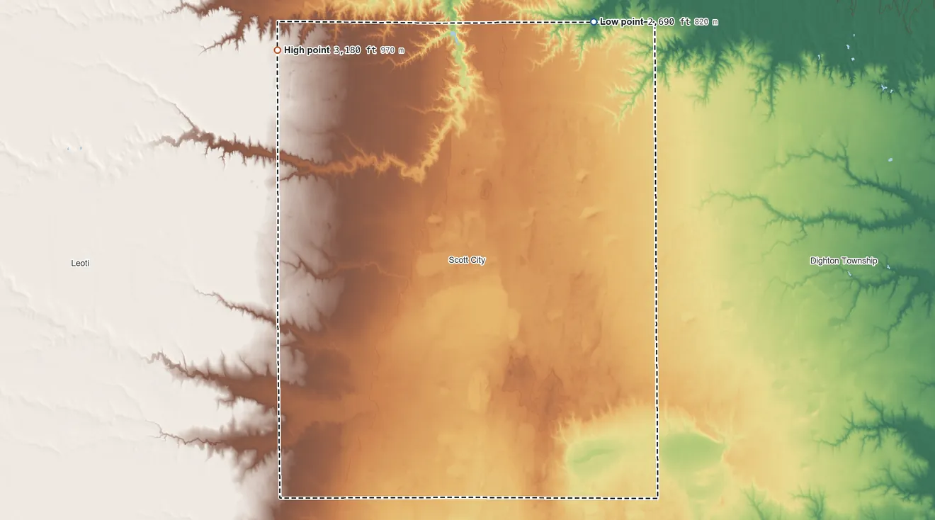Topographic elevation map of Scott County, Kansas, shaded from 2,690 ft on the northeast side to 3,180 ft on the northwest side