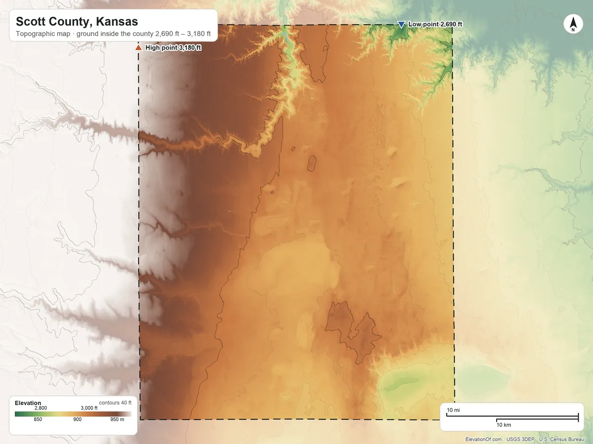 Topographic elevation map of Scott County, Kansas, shaded from 2,690 ft on the northeast side to 3,180 ft on the northwest side