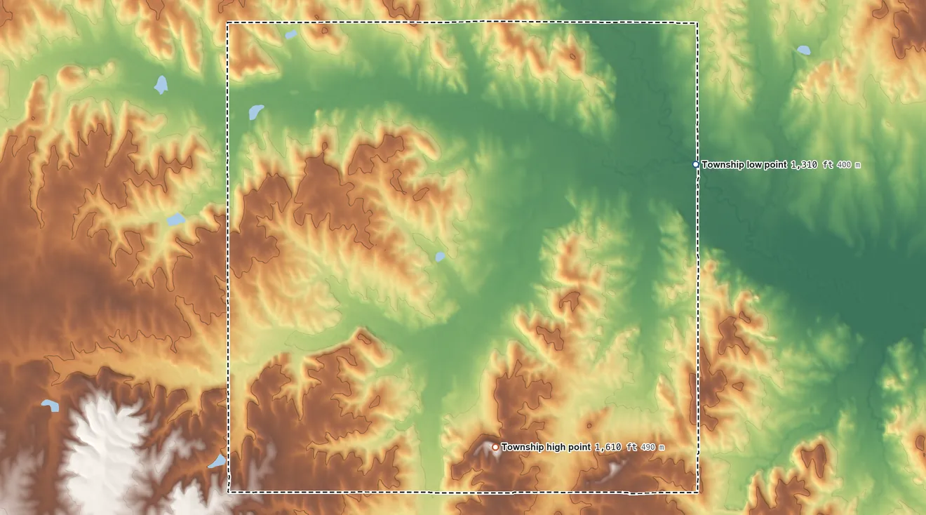 Topographic elevation map of Scott Township, Lincoln County, Kansas, shaded from 1,310 ft on the northeast side to 1,610 ft on the south side