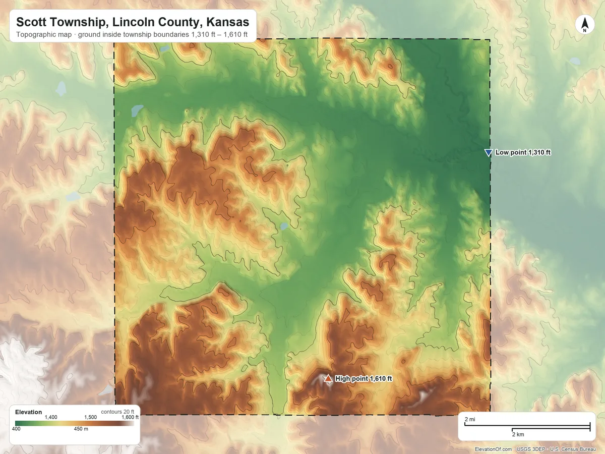 Topographic elevation map of Scott Township, Lincoln County, Kansas, shaded from 1,310 ft on the northeast side to 1,610 ft on the south side