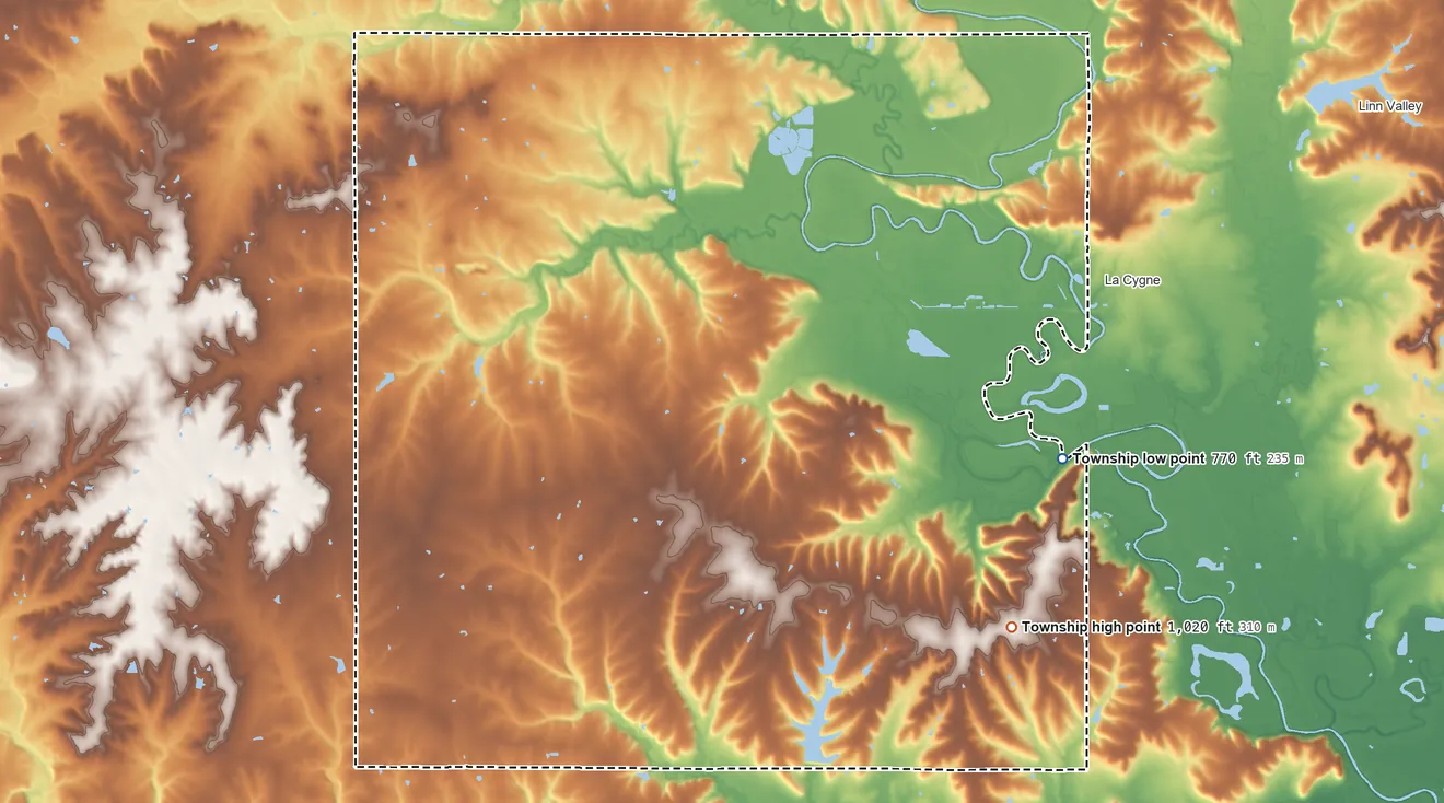 Topographic elevation map of Scott Township, Linn County, Kansas, shaded from 770 ft on the east side to 1,020 ft on the southeast side